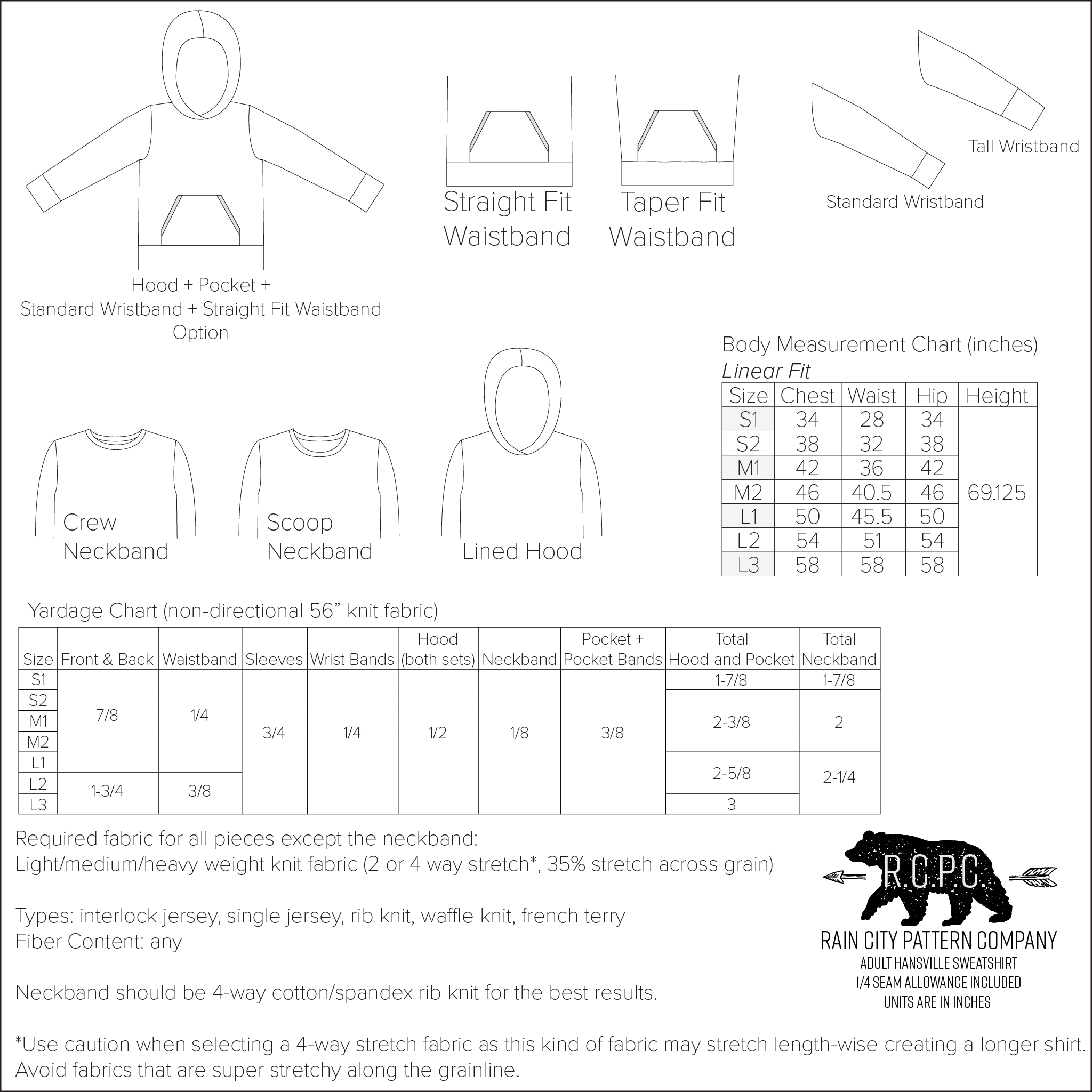 Hansville Hoodie | Adult Sizes S1 - L3 | Beginner Level Sewing