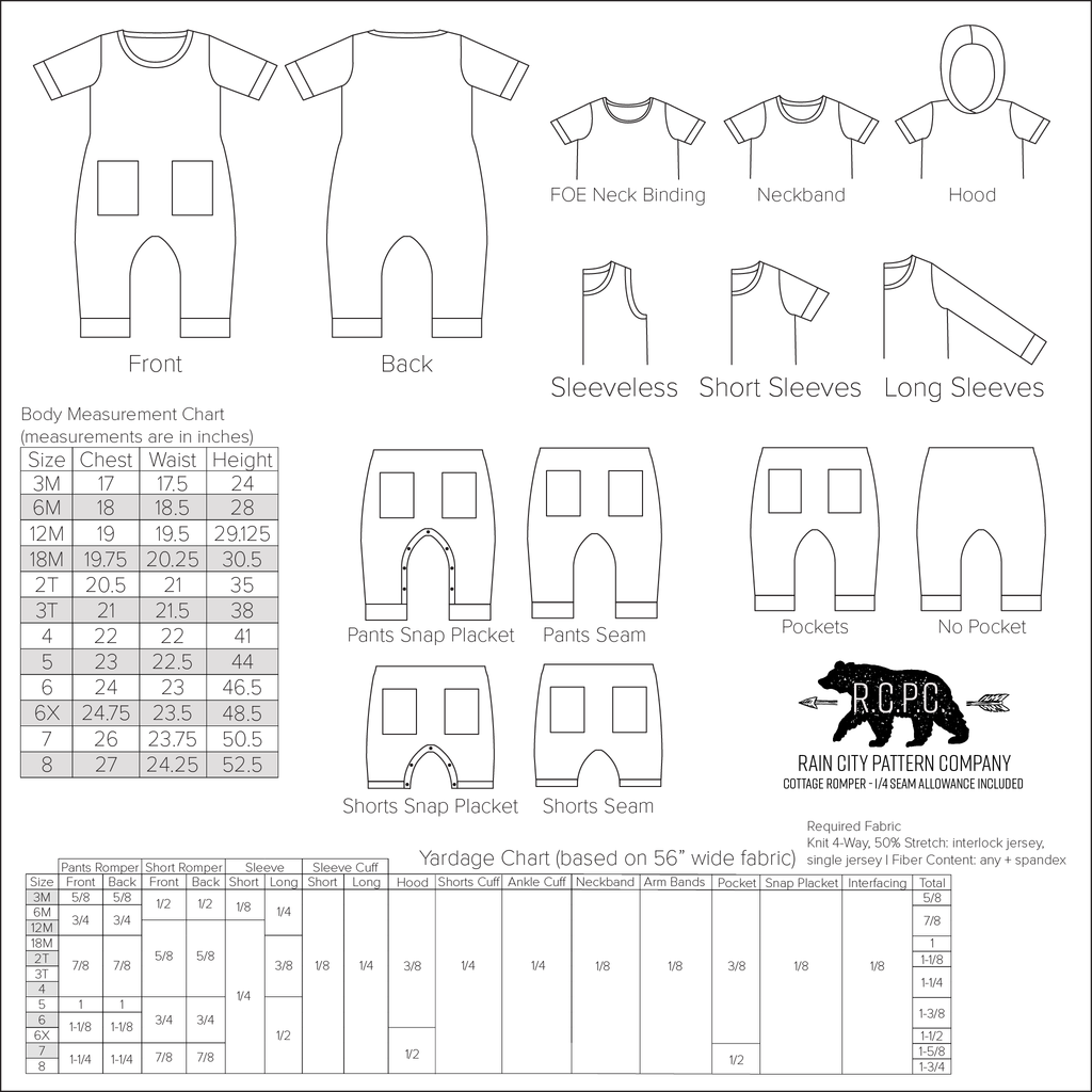 Cottage Romper | Baby to Child Sizes 3M - 8 | Beginner Level Sewing Pattern